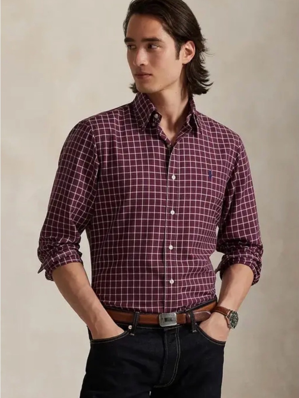 NWT POLO RALPH LAUREN CLASSIC FIT PERFORMANCE OXFORD SHIRT - NAVY/WINE SZ LARGE
